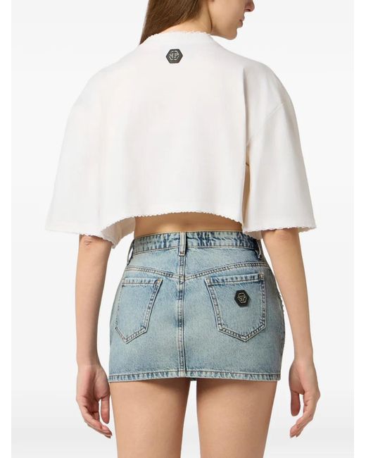 Philipp Plein White Rhinestones Cropped T-Shirt