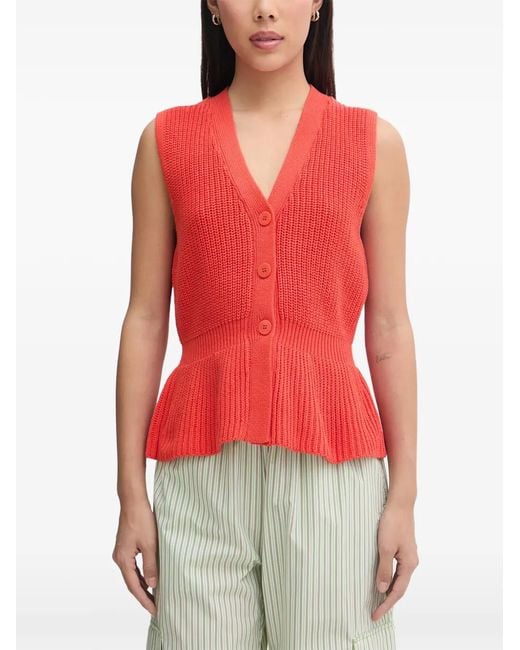 Mos Mosh Red Herbi Ribbed-Knit Peplum Cardigan