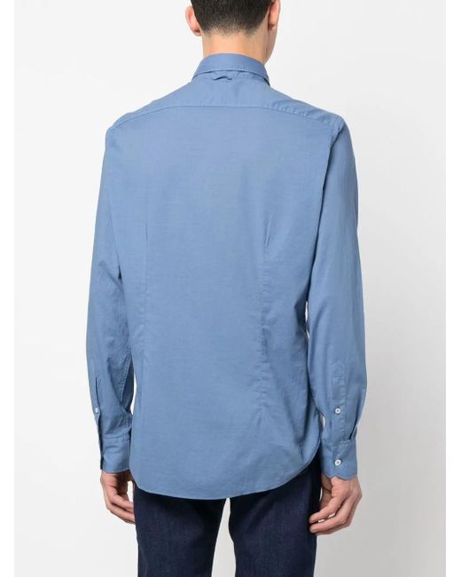 Fedeli Blue Long-Sleeve Stretch-Cotton Shirt for men