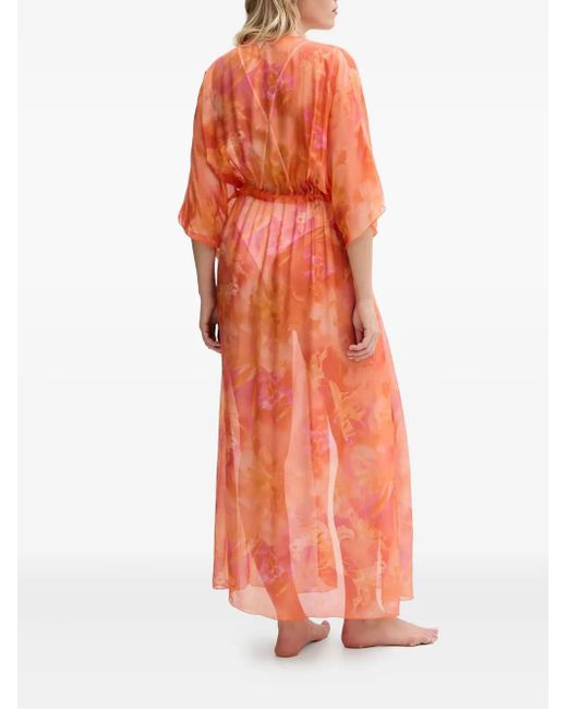 Guess Orange Floral-print Drawstring Beach Robe