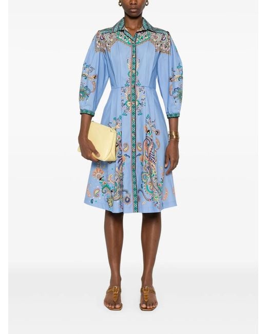 Etro Blue Pattern Cotton Midi Dress