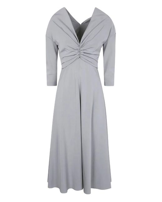 Alberta Ferretti Gray Gathered V-Neck Midi Dress