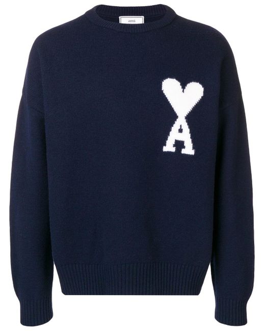 AMI Blue Oversized Logo-intarsia Merino-wool Sweater for men