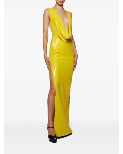 Alex Perry Yellow Cowl-Neck Sequin-Embellished Maxi Dress