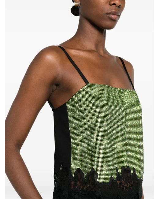 Self-Portrait Green Rhinestone-Embellished Lace-Trim Top