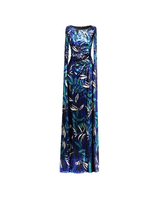 Gemy Maalouf Blue Patterned Sequin-Details Maxi Dress