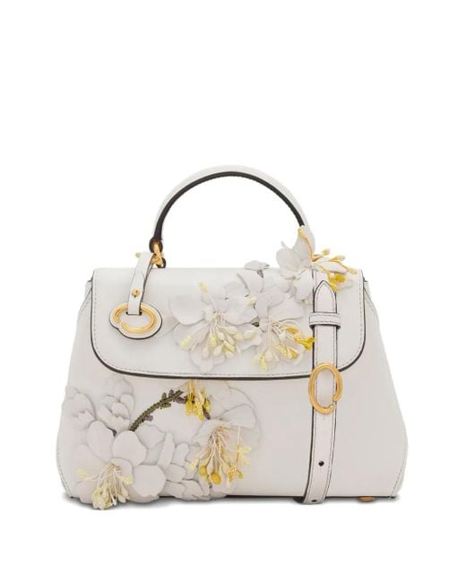 Oscar de la Renta White 3D Floral-Appliqué Mini Bag