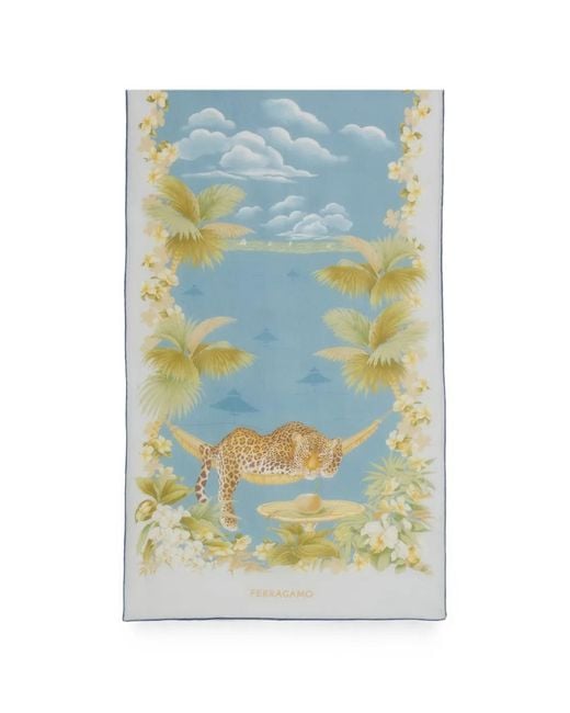 Ferragamo Blue Floral-Print Leopard-Motif Scarf