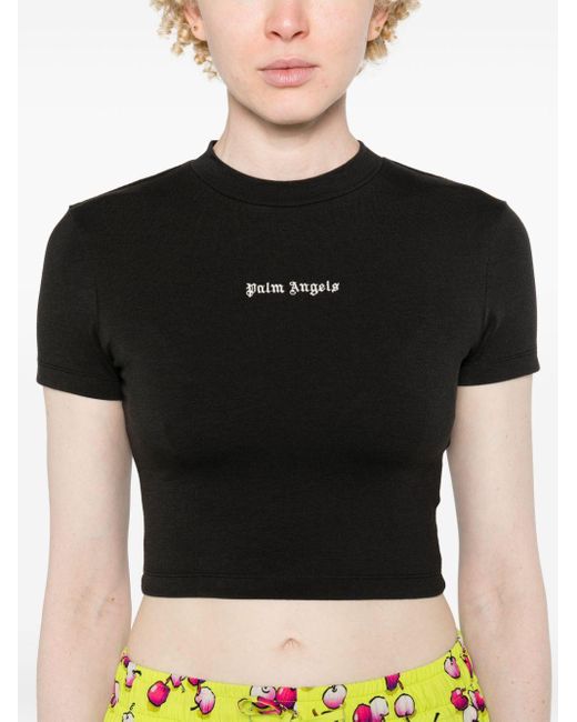 Palm Angels Black Logo-embroidered Cropped T-shirt