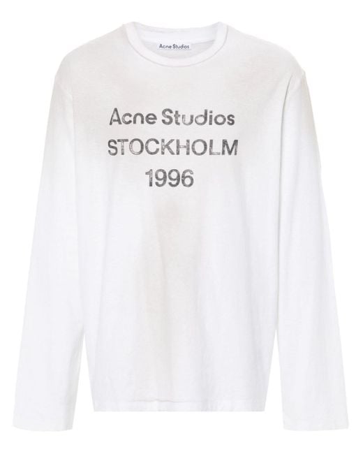 Acne White Distressed-T-Shirt mit Logo-Print