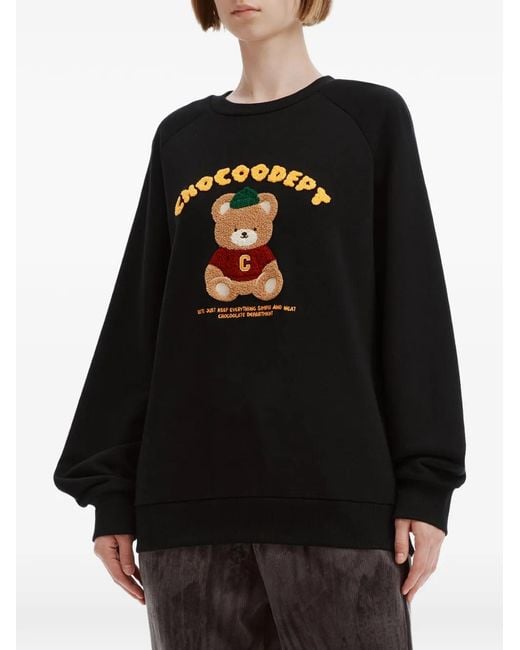 Chocoolate Black Bear-Patch Long-Sleeve Sweatshirt