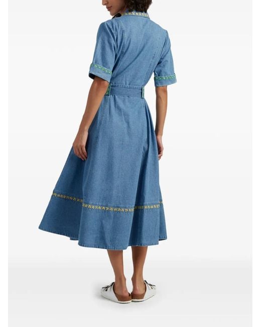 Chinti & Parker Blue Embroidered-Detail Tie-Fastening Midi Dress