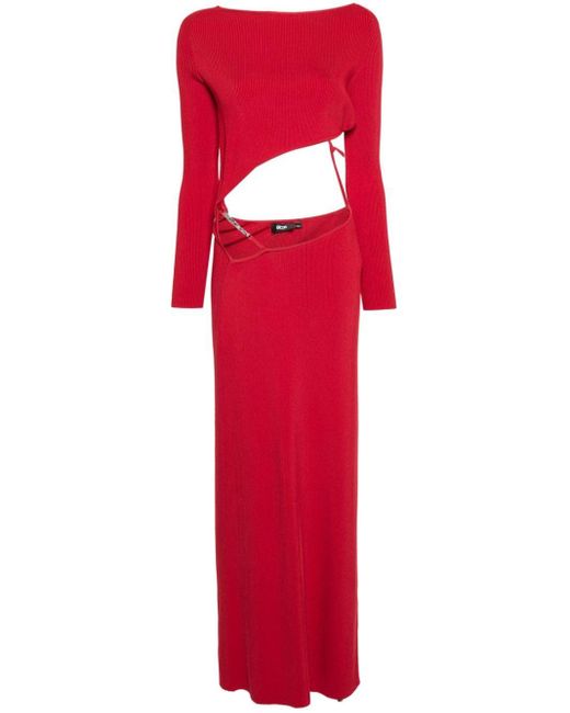 Gcds Red Asymmetric Ribbed Maxi Dress