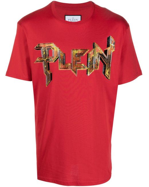Philipp Plein T-Shirt mit kristallverziertem Logo in Red für Herren