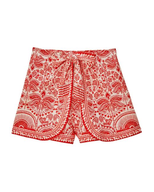 Farm Rio Red Tie-Waist Floral-Print Shorts