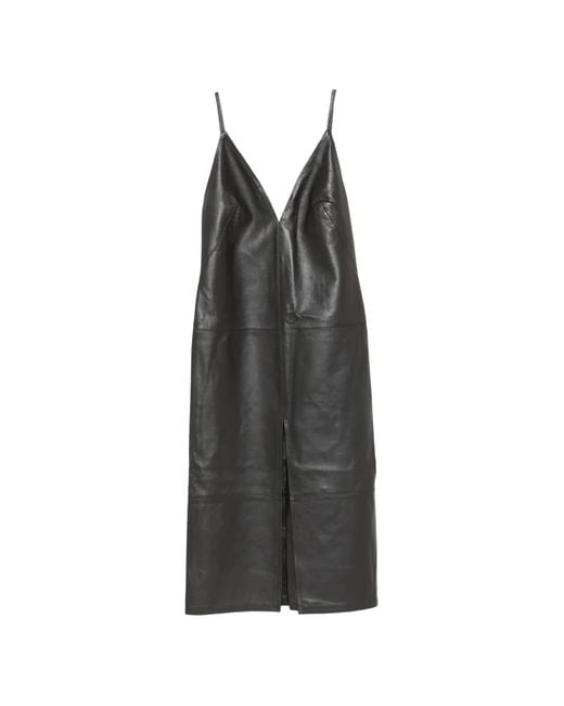 Erika Cavallini Semi Couture Black Augusta Leather V-Neck Midi Dress