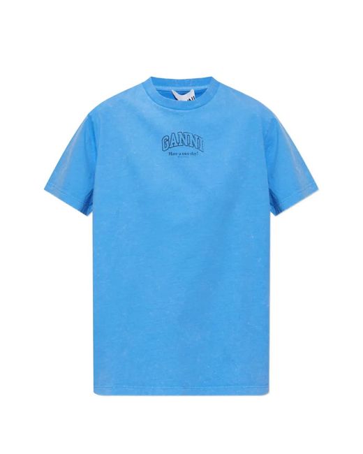 Ganni Blue Logo-Print Cotton T-Shirt
