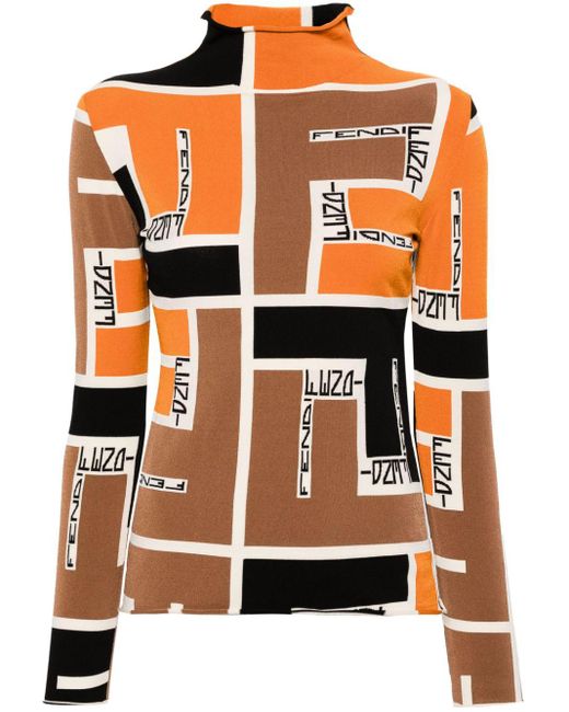 Fendi Orange Jacquard-Bluse mit Stehkragen