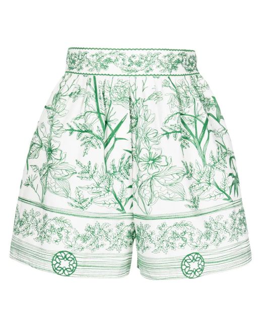 Elie Saab Green Floral-Print High-Waist Shorts