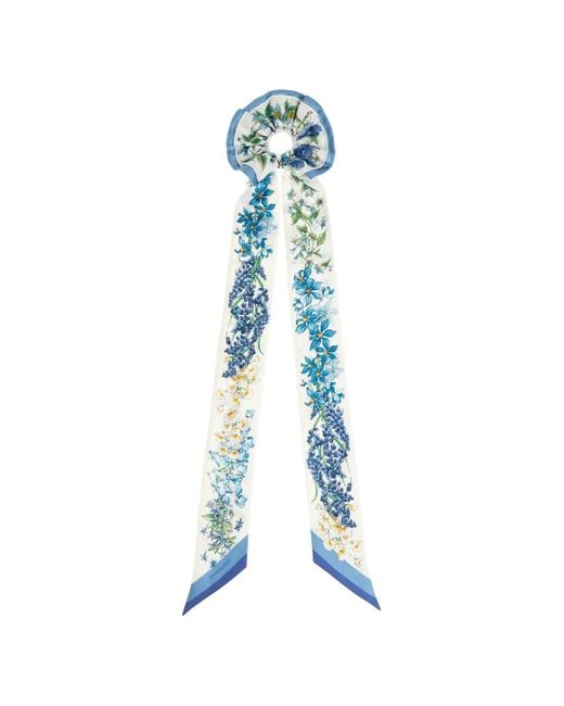 Ferragamo Blue Floral-Print Silk Scrunchie