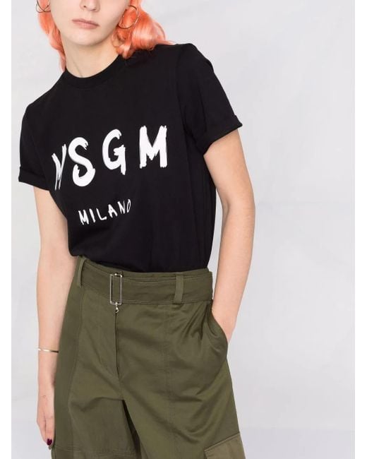 MSGM Black T-Shirt With Logo Print