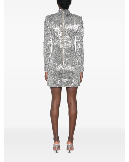 Balmain Gray Sequin-Embellished High-Neck Mini Dress