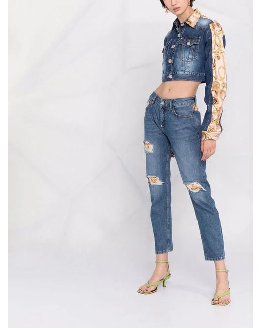 Philipp Plein Blue Baroque-print Cropped Denim Jacket