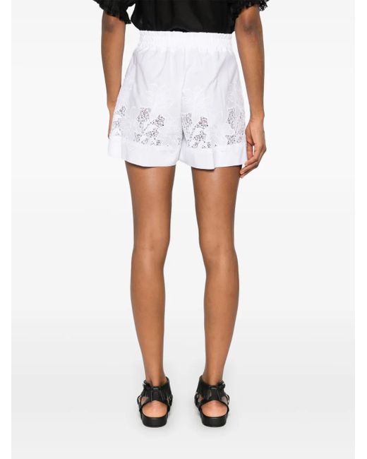 P.A.R.O.S.H. White High-Waisted Cotton Shorts With Floral Lace Detailing
