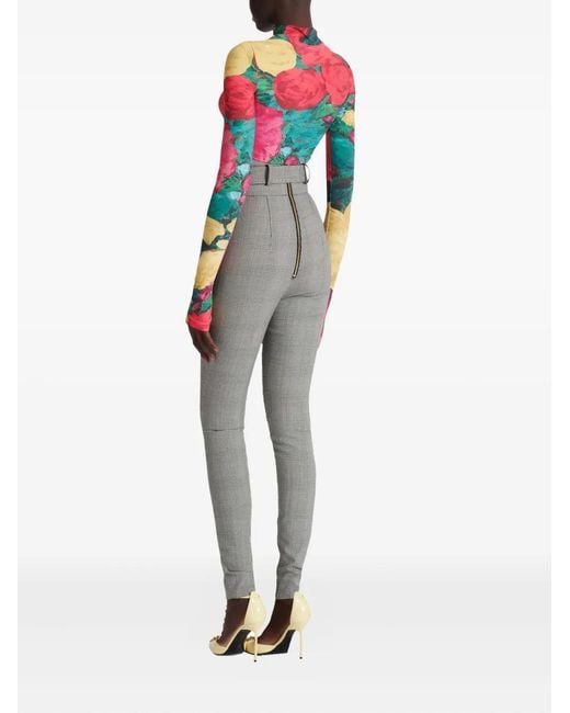 Balmain Gray Check-Pattern Belted Trousers