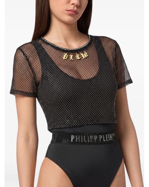 Philipp Plein Black Mesh Cropped Top Crystal-Charms
