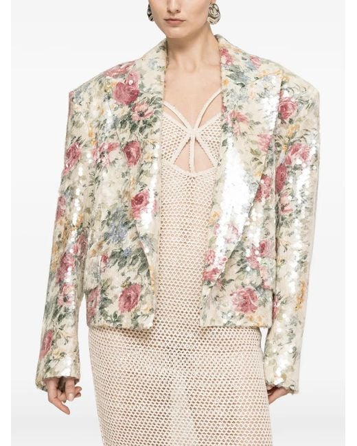 Nissa Natural Floral-Print Sequin-Embellished Blazer