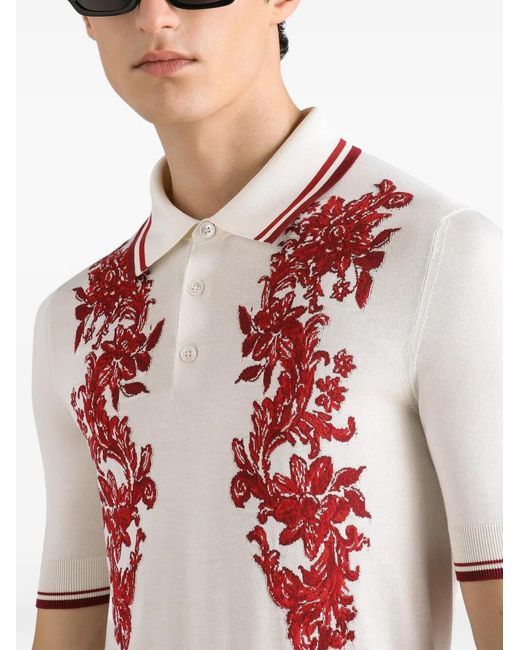 Dolce & Gabbana White Silk Polo Shirt With Intarsia for men
