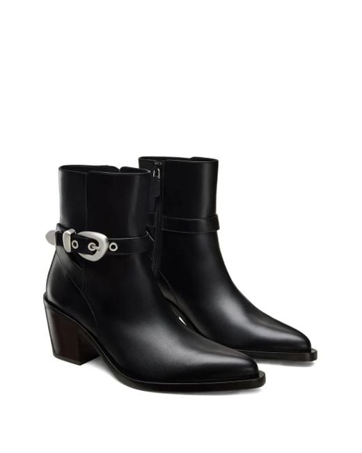 Stuart Weitzman Black Maven Buckle-Strap Pointed-Toe Boots