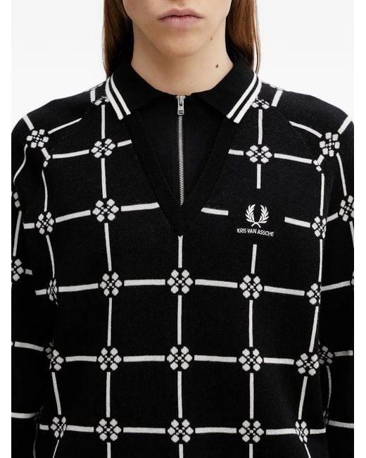 Fred Perry Black Geometric-Pattern V-Neck Sweater for men