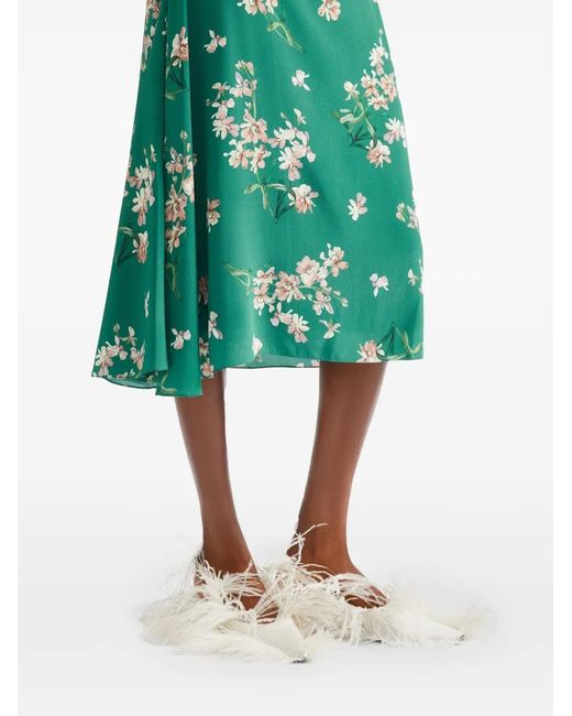 Erdem Green Floral Crepe De Chine Drape Midi Skirt
