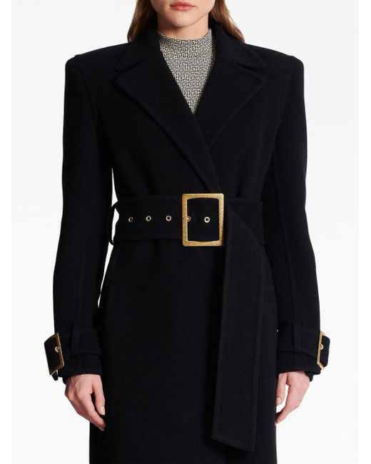 Manteau en laine mélangée à taille ceinturée Balmain en coloris Black