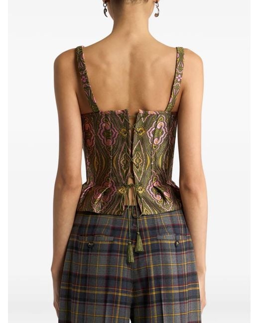 Etro Brown Jacquard Corset Top With Floral Medallion Motif