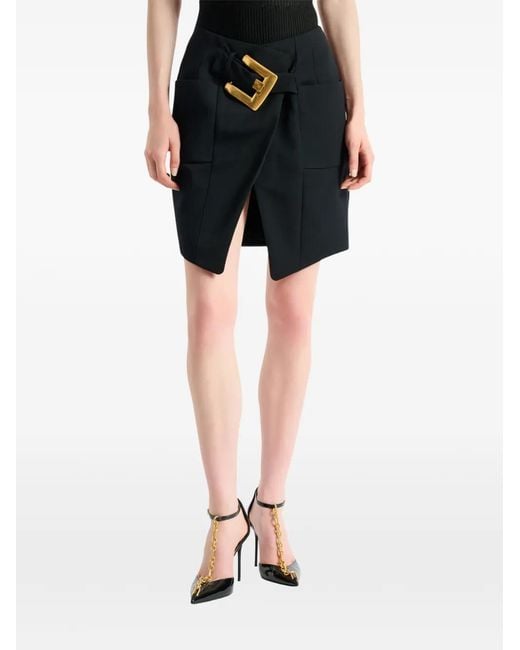 Balmain Black Belted Grain De Poudre Skirt