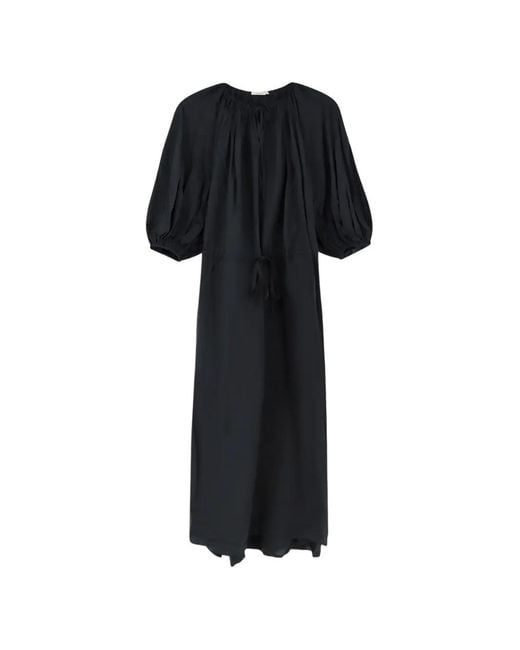 LAMRONS Black Drawstring-Waist Puff-Sleeve Dress