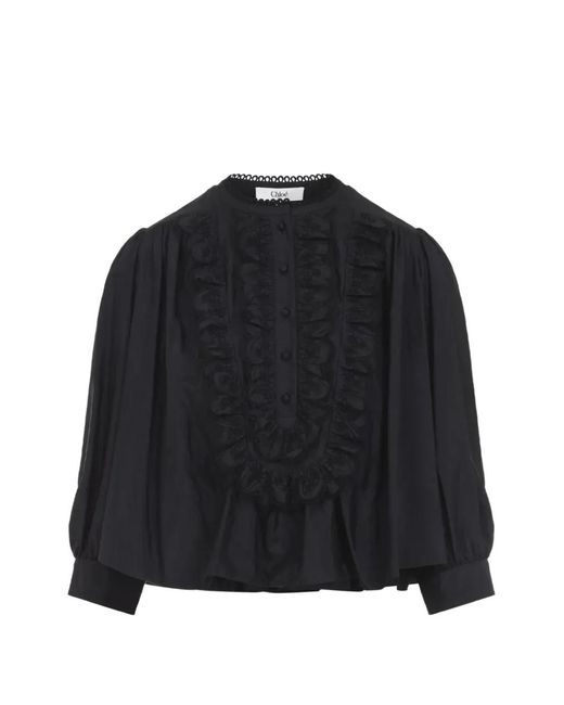 Chloé Black Ruffled Lace-Trim Blouse