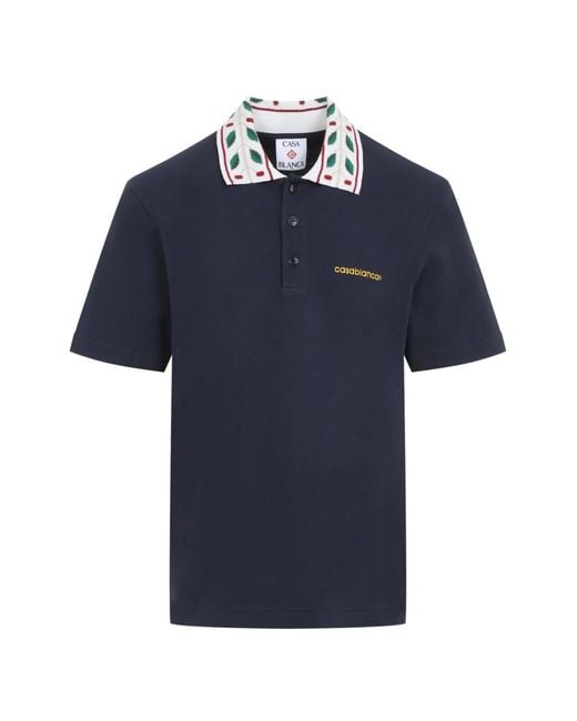 Casablanca Blue Laurel Embroidered-Collar Piqué Polo Shirt for men