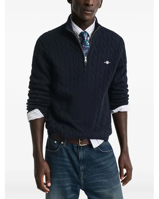 Gant Blue Cable-Knit Half-Zip Sweater for men