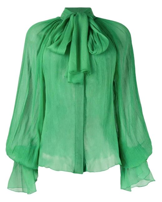 Atu Body Couture Green Pussy-Bow Silk Blouse