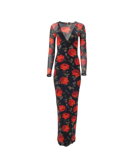 Carolina Herrera Red Rose-Print Mesh Midi Dress