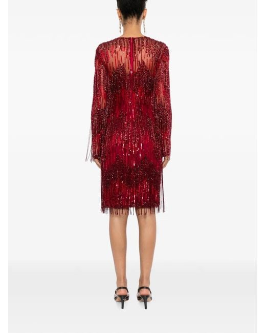 Naeem Khan Red Beaded-Fringe Dress