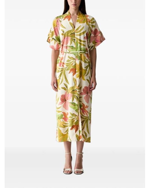 Joseph Ribkoff Metallic Floral-Print Tie-Waist Midi Dress
