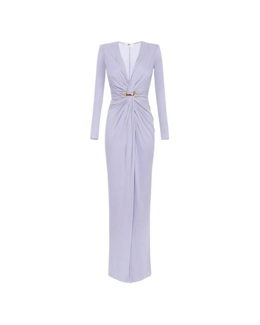 Elisabetta Franchi Purple V-Neck Draped Maxi Dress