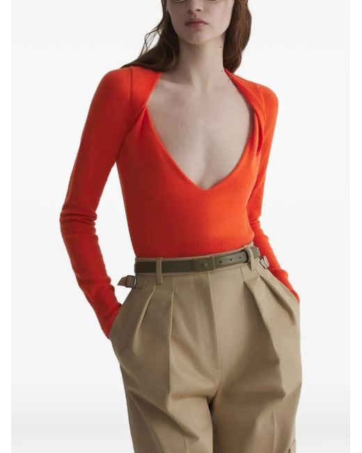 Mugler Red Cashmere V-Neck Knit Top