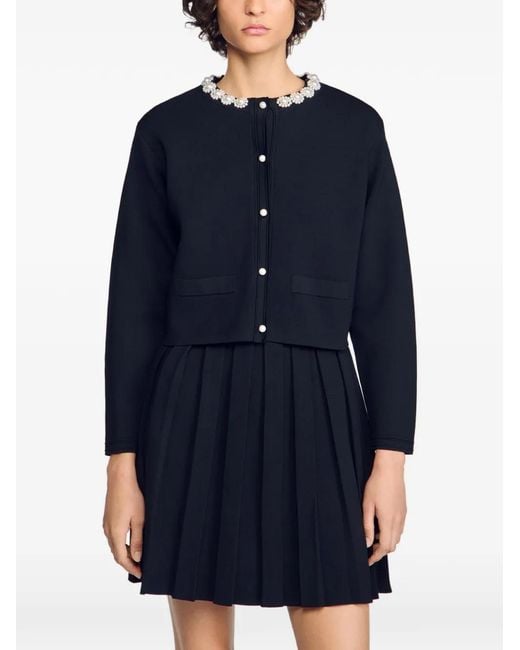 Sandro Black Faux-Pearl Embellished Cropped Cardigan