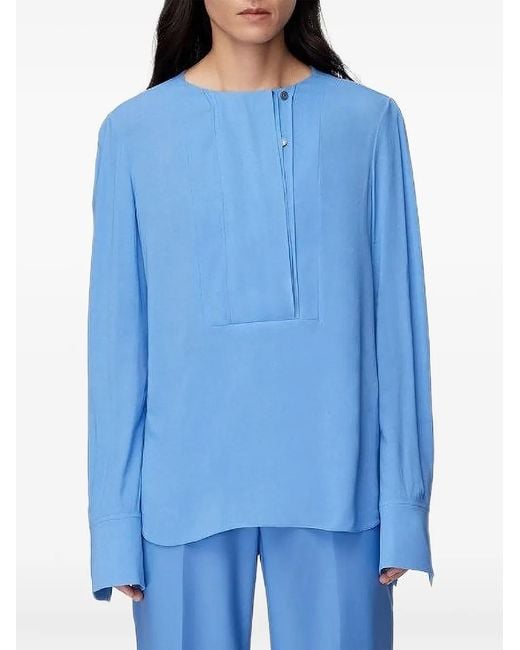 Another Tomorrow Blue Panelled Silk-Georgette-Feel Blouse